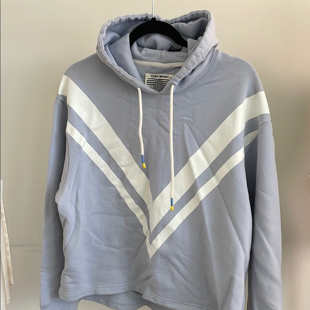 Tory Sport Blue and White Sweater with Geometric Stripes